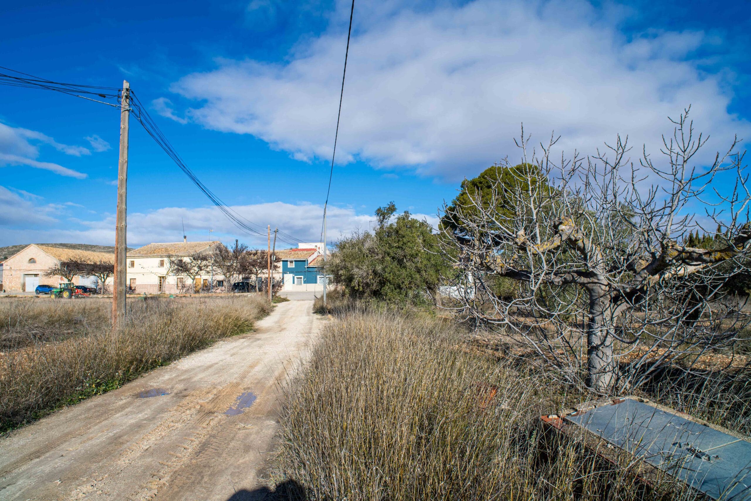 Dirt road leading to rural houses with dry vegetation and leafless trees under a partly cloudy blue sky.